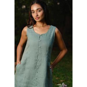 Vestido Casual de Verano para Mujer, Sin Mangas, 100% Algodón, Cierre de Botones al Frente, Corte en A, Largo hasta el Suelo, Cintura Natural, Bolsillos, Ecológico - Product Image 2