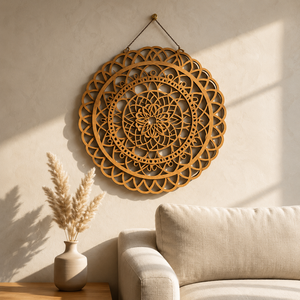 Décoration murale ronde en bois Mandala découpée au laser, art mural géométrique, style bohème scandinave, accent mural décoratif pour la maison - Product Image 1