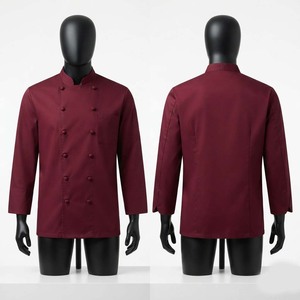 เสื้อเชฟผ้าฝ้ายทวิลล์พรีเมียม 200 GSM แบบยูนิเซ็กซ์ สีเบอร์กันดี กระดุมสองแถว แขนสั้น พิมพ์ลายซิลค์สกรีน ชุดยูนิฟอร์มสำหรับครัว - Product Image 1