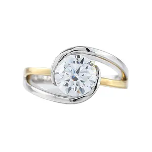 Stunning 2 CT Round Cut Moissanite Diamond Swril Bypass Two Tone Half Bezel Set Ring 925 Sterling Silver Engagement Ring