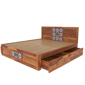 Lit plateforme en bois massif de palissandre CIA Industries, taille King/Queen, design rustique, lattes réglables, tiroir de rangement, base décorative - Product Image 5