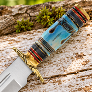 Couteau Bowie artisanal de 13 pouces en acier inoxydable avec manche en os fossile bleu et poinçon en laiton, avec étui en cuir marron - Product Image 2