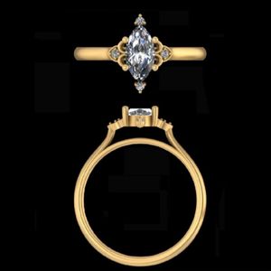 Anillo de compromiso con diamante talla marquesa en oro amarillo de 14k y 18k con engaste de filigrana de inspiración vintage y banda de catedral pulida - Product Image 2