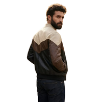 Blouson Bomber Homme en Cuir Véritable Col Montant Fermeture Éclair Blocs de Couleurs Style Moto Biker Vêtement d'Automne Coupe Classique