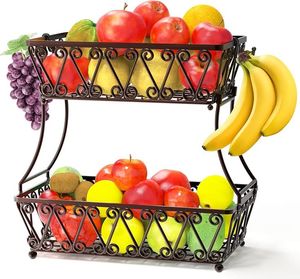 Nouveau design – Panier de rangement à 2 niveaux en fil métallique pour fruits et légumes, avec poignée en bois, grand format pour comptoir de cuisine - Product Image 6