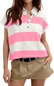 Camiseta Polo a Rayas para Mujer, Manga Corta, Informal, Tejido de Punto, Largo Regular, Estilo Color Block, Blanco y Negro, Camisetas Polo ODM - Product Image 4