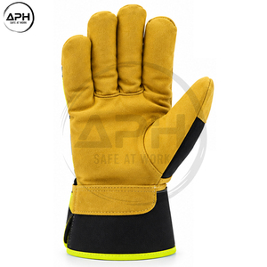 Gants de travail haute visibilité jaunes et noirs de qualité supérieure, avec paume en cuir renforcée, doigts entiers, poignet réglable, logo personnalisé, OEM ODM - Product Image 4