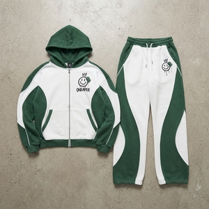 <b>Women's</b> Dark Green <b>White</b> Zip Hoodie <b>Tracksuit</b> Set Color Block Panel Design Oversized Jogger Pants Streetwear - Product Image 1
