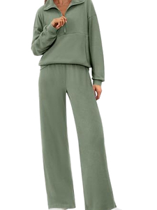 Ensemble de survêtement décontracté deux pièces à demi-zip en coton 100 % écologique, léger, à capuche, style streetwear, avec cordon de serrage latéral - Product Image 2