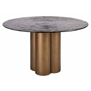 Table à manger ronde en bois massif avec plateau en marbre irrégulier moderne, base en bois nervuré, 4 places, design contemporain, meubles pour la maison - Product Image 1