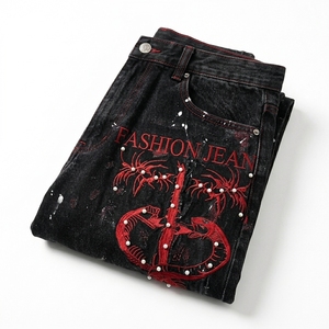 American-Style Men's Denim Pants Studded Diamonds High Street Print Tie Dye <b>Hip</b> Hop Winter Washed Distressed Loose-fitting Wide - Product Image 6