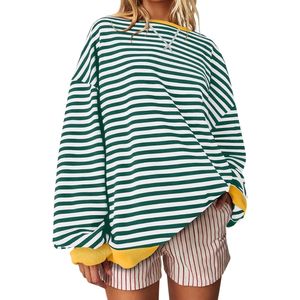 Sudaderas Personalizadas para Mujer, Color Verde Bosque, Rayas Blancas, Contraste Amarillo, Cuello Redondo, Algodón, Hombros Caídos, Estilo Relajado, Urbano - Product Image 1