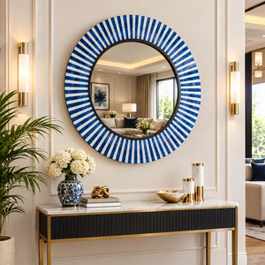Miroir mural rond en os incrusté bleu et blanc – Miroir décoratif fait main pour la décoration du salon - Product Image 1