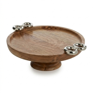 Handcrafted Wooden Cake Stand with Silver Metal Handles Elegant Rustic <b>Dessert</b> Pedestal for Wedding Party and Food Display - Product Image 2