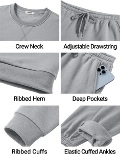 Ensemble de survêtement gris pour homme, 2 pièces, sweat-shirt à col rond, pantalon de jogging, vêtements de sport décontractés, couleur unie, coupe régulière, longueur complète - Product Image 3