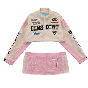 Chaqueta Bomber de Cuero Rosa Extra Grande para Mujer, Estilo Racing Bordado, Estilo Universitario, Ropa Urbana - Product Image 2
