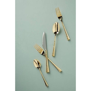 Ensemble de couverts en acier inoxydable de qualité supérieure, texture martelée, couleur or, pour la maison, les mariages et la présentation de table. - Product Image 1