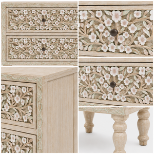 Blossom Haven Eco-Friendly Durable Handmade Whitewashed Mango Wood Farmhouse Floral Carved 2-<b>Drawer</b> Bedroom Nightstand Cabinet - Product Image 6
