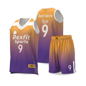 ชุดเสื้อบาสเก็ตบอล Rexfit Sports แบบซับลิเมชั่นไล่เฉดสีม่วงส้ม คอวี แขนกุด ผ้าตาข่ายระบายอากาศได้ดี สำหรับผู้ใหญ่ ทรงสปอร์ต - Product Image 1