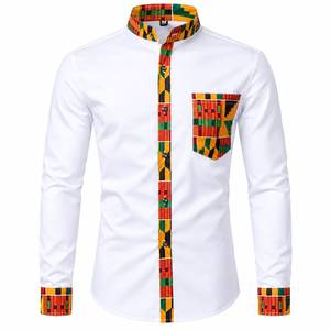 <b>Men's</b> <b>White</b> Long Sleeve Mandarin Collar <b>Shirt</b> African Dashiki Print Color Block <b>Casual</b> Tops - Product Image 1