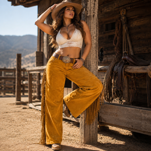 Pantalones de Mujer Estilo Occidental, de Cuero, Tejidos a Crochet, de Pierna Ancha, Transpirables, Resistentes al Viento, Casuales, de Alta Calidad, Directo de Fábrica - Product Image 6