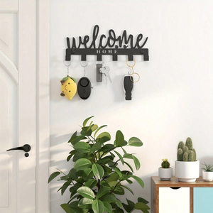 CIFbuy Black Metal 8-<b>Hook</b> <b>Key</b> Holder <b>Wall</b> Organizer Welcome Design <b>for</b> TikTok <b>for</b> Temu Pick-Up Service Mail & <b>Key</b> Management - Product Image 3