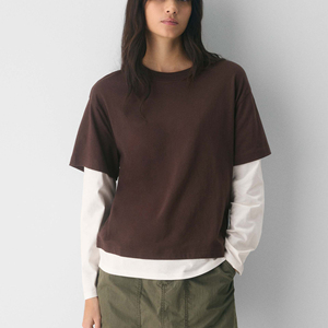 T-shirt de luxe personnalisé en coton à col rond et manches longues pour femme, coupe ample, imprimé décontracté, en tissu tricoté uni, double couche - Product Image 1