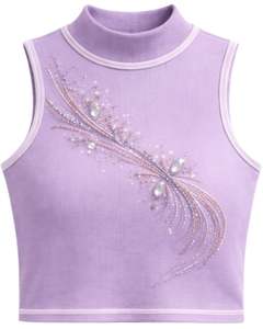 Camiseta sin mangas de cuello alto acanalada lila personalizada para mujer con diseño floral de pedrería, sin mangas, de verano, fabricante personalizado - Product Image 1