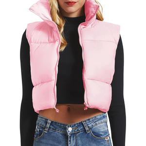 New <b>Women's</b> <b>Pink</b> Stand Collar Puffer <b>Vest</b> Zipper Closure Solid Color Casual Short Length Waterproof Windproof Embroidery Fur - Product Image 5