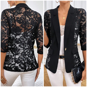 Blazer Blanco Etéreo con Paneles de Encaje, un Solo Botón y Mangas Festoneadas - Product Image 2