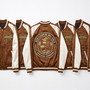 Chaqueta Bomber de Satén al por Mayor con Cremallera, Mangas Raglán, Color Caramelo, Bordado en la Espalda, Estilo Universitario - Product Image 1
