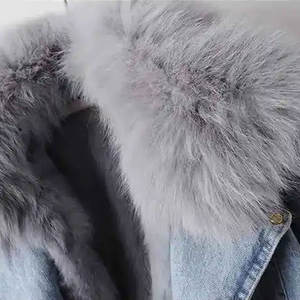 Veste de moto en jean pour femme avec col et poignets en fourrure de renard, style moto, courte, épaisse, coupe-vent, manches longues, pour l'hiver - Product Image 5