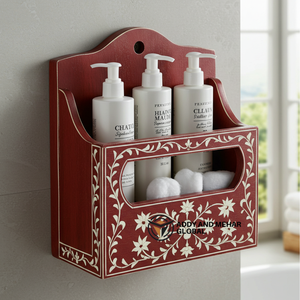 Organizador de almacenamiento rojo para montar en la pared del baño – Elegante estante de madera para baño y tocador - Product Image 1