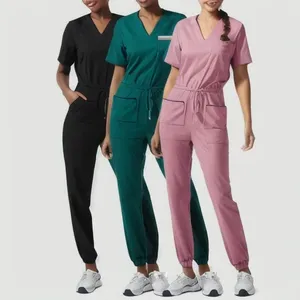 Unisex Medical Scrubs <b>Set</b> Stretch Uniform Top Pants Contrast Binding Nurse <b>Doctor</b> Hospital Workwear Polyester Twill - Product Image 3
