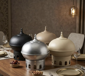 Calentador de Comida con Diseño Martillado y Revestimiento Blanco, Tapa con Diseño de Cúpula, Soporte para Velas de Alta Calidad, Estilo Árabe para Buffet - Product Image 3