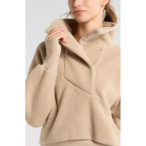 Sudadera con capucha de forro polar beige de cuello alto para mujer, manga larga, corte regular, para invierno - Product Image 4