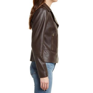 <b>Women's</b> Brown Genuine Leather Bomber <b>Jacket</b> Full Sleeve Zipper Closure Turn-down Collar Windproof Autumn Regular Length - Product Image 5