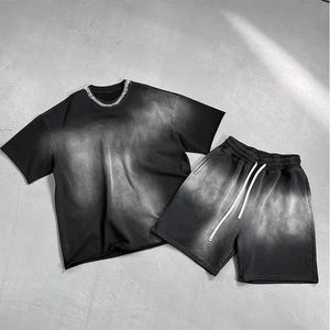 Ensemble 2 pièces vintage délavé pour homme du fabricant : T-shirt ras du cou délavé à l'acide et short respirant à cordon de serrage, impression de logo personnalisé, été - Product Image 2