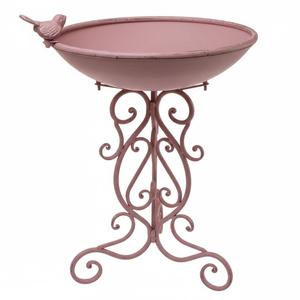 Bain d'oiseaux en métal rose de style vintage avec support à motifs décoratifs et figurine d'oiseau décorative, bol à eau de jardin, décoration extérieure - Product Image 1