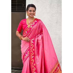 Sari en soie Paithani Rajhans tissé en zari rose bébé, vêtements indiens et pakistanais - Product Image 5