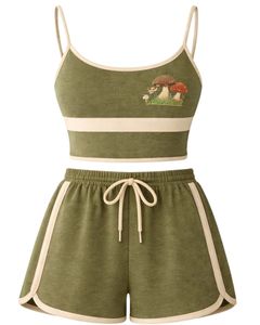 Conjunto de Camisola y Pantalones Cortos para Mujer en Verde Oliva y Beige, Traje de Dos Piezas para Verano, Top Corto de Mezcla de Algodón con Estampado de Hongos y Pantalones Cortos con Cordón Ajustable - Product Image 1