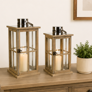 Wooden Candle <b>Lantern</b> <b>Set</b> of 2 with Stainless Steel Top Decorative Farmhouse Glass Floor <b>Lanterns</b> Vintage Brown Finish - Product Image 1