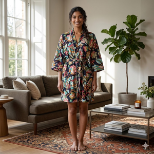 Robe kimono florale Kalamkari noire de luxe pour femmes |   Robe de chambre courte en coton avec poches |   Ensemble de vêtements de nuit à manches longues et col en V - Product Image 6