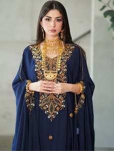 Elegante Caftán Azul Marino con Lentejuelas Bordadas, Ligero, Talla Grande, con Cuentas Doradas, Cuello Alto, Manga Larga, Largo hasta el Suelo, Tradicional - Product Image 6