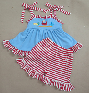 <b>Blue</b> Baby Girl Summer <b>Dress</b> Set Sea Creature Embroidery with <b>Red</b> <b>White</b> Striped Shorts 100% Cotton Breathable - Product Image 1