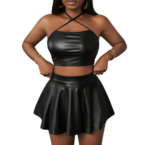 Halter Neck Fully Customized Women's Club Wear 2 Piece PU <b>Leather</b> Set-High Quality Quick Dry & Durable OEM Service - Product Image 1