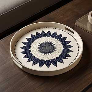 Plateau de rangement et de présentation rond haut de gamme en os incrusté avec motif mosaïque fait main pour accessoires de salle de bain, coiffeuse et entrée - Product Image 1