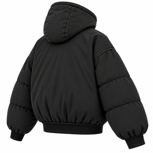 Blouson d'hiver matelassé personnalisé pour femme en polaire épaisse délavée à l'acide, avec capuche zippée, épaules tombantes, couleur unie et logo frontal - Product Image 6