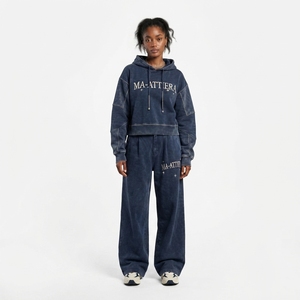Custom <b>Women</b> Acid Wash <b>Navy</b> Blue Cropped Hoodie Wide Leg Jogger Set Cotton Fleece Streetwear Tracksuit OEM Wholesale - Product Image 1