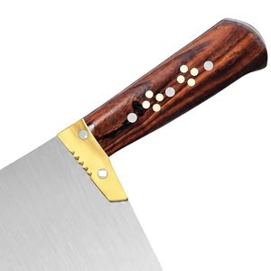 Couteau à viande robuste PW-G, lame en acier argenté, manche en bois brun, embout doré, hachoir de boucher large pour la cuisine - Product Image 4